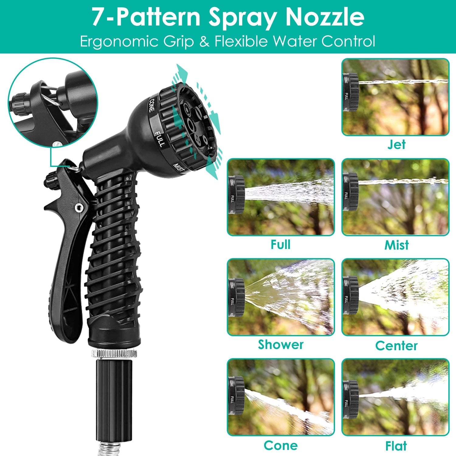 Stainless Steel Garden Hose with 7-Pattern Nozzle