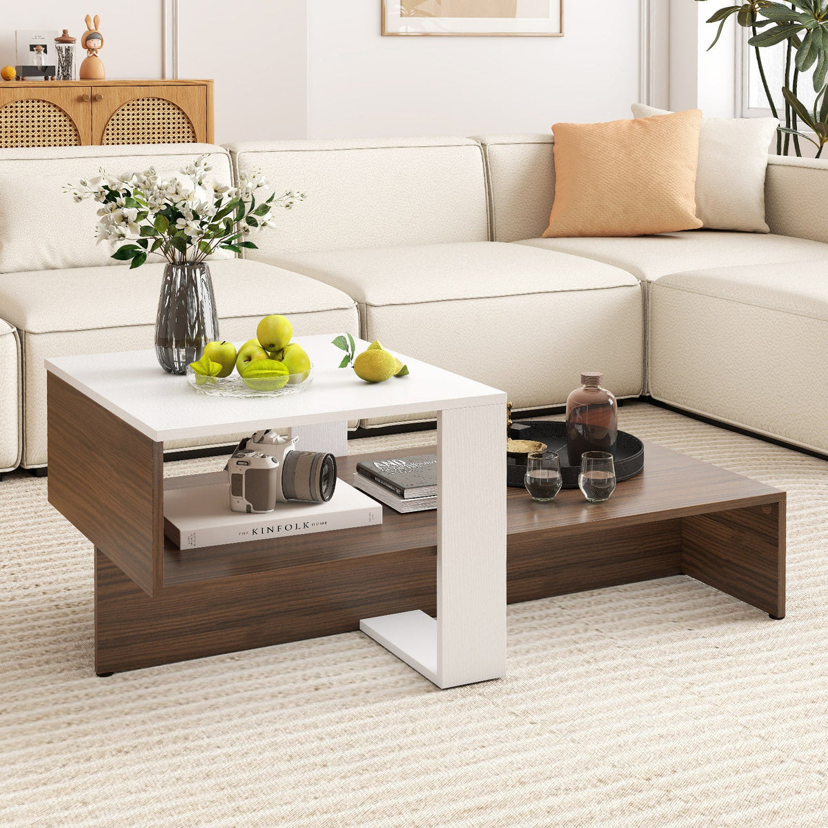 2-Tier Geometric Coffee Table with Storage Shelves for Living Room and Reception Room-White and Brown