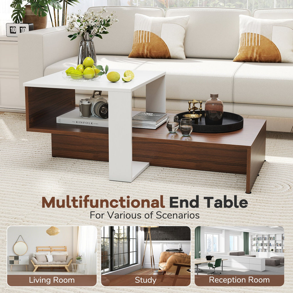 2-Tier Geometric Coffee Table with Storage Shelves for Living Room and Reception Room-White and Brown