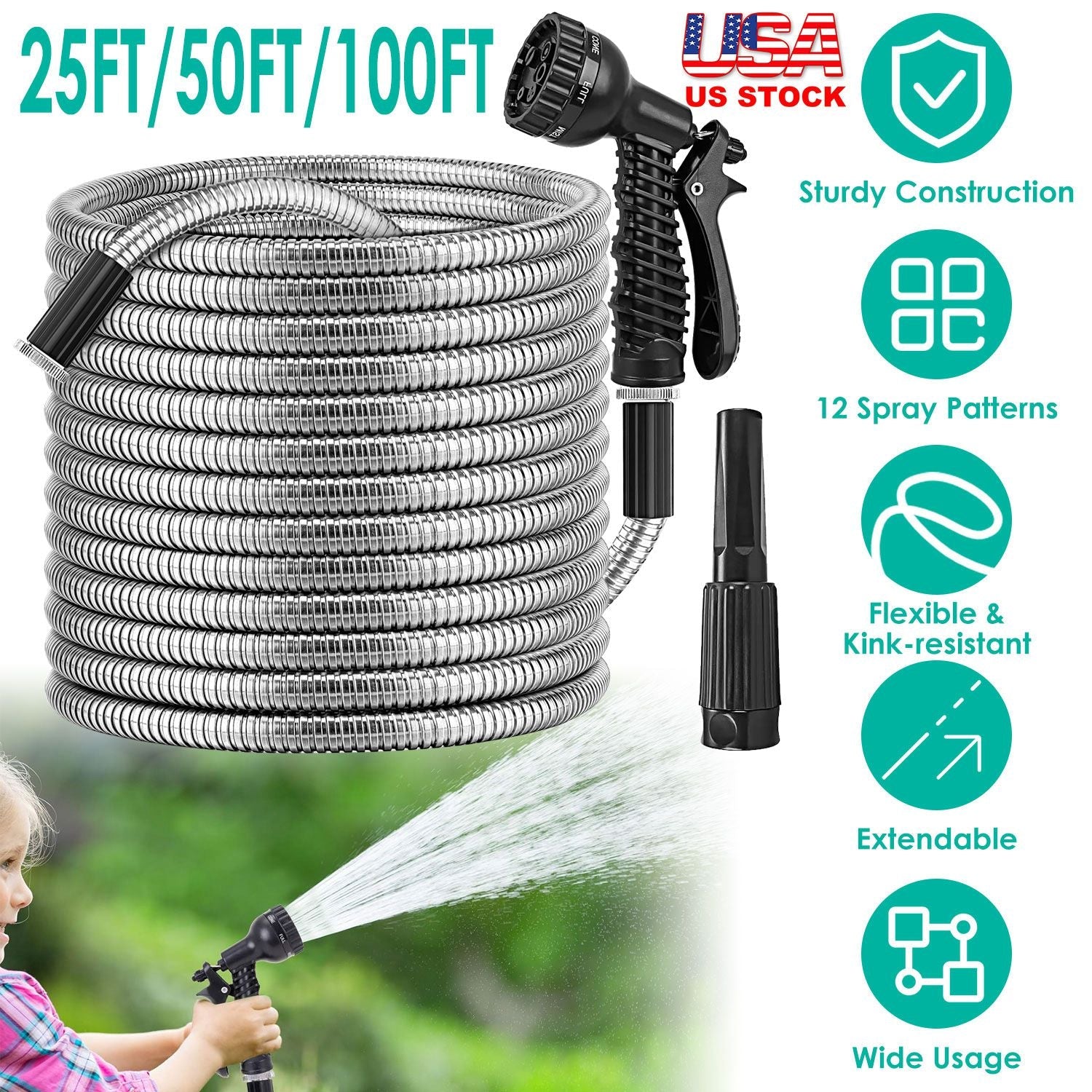 Stainless Steel Garden Hose with 7-Pattern Nozzle
