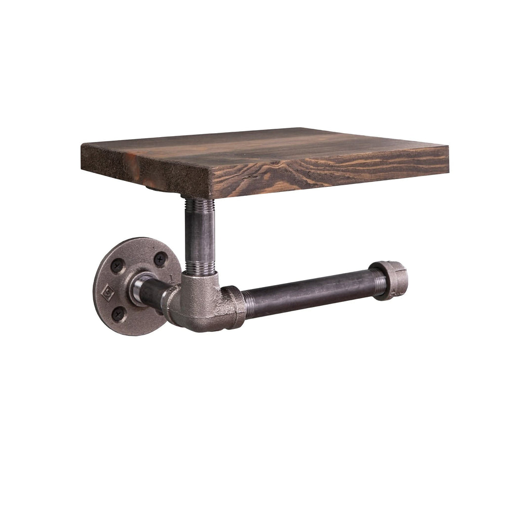 6 in. Wall-Mounted Pipe Toilet Paper Holder with Wood Shelf, Trail Brown