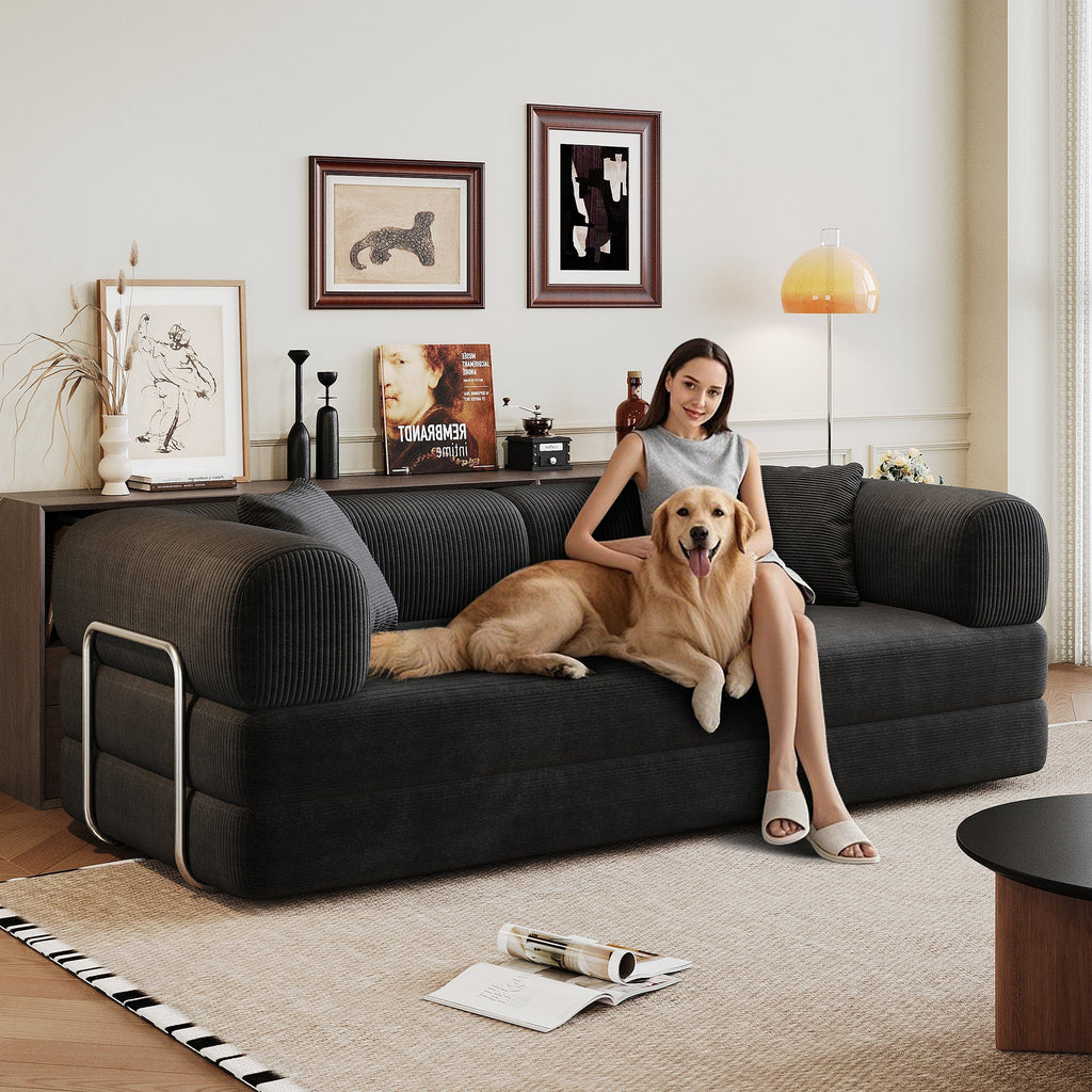 78.8' Compression Sofa,Convertible Floor Sofa Bed-with Pillow Back Support Armrest,Comfy Futon Couch Sleeper Bed,Loveseats Boneless Modular Sectional Sofa,Corduroy fabric,for Living Room,Bedroom,Black