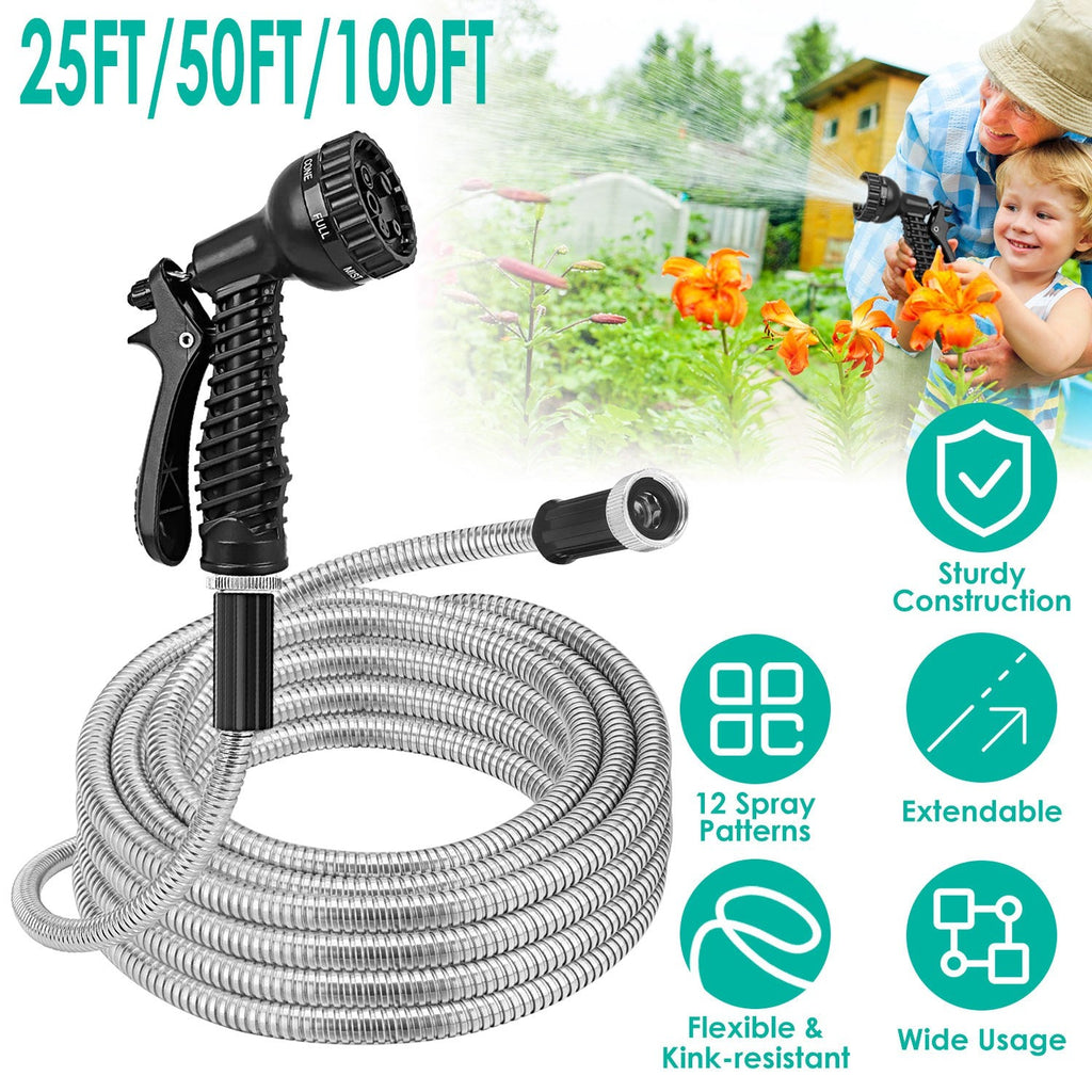 Stainless Steel Garden Hose with 7-Pattern Nozzle