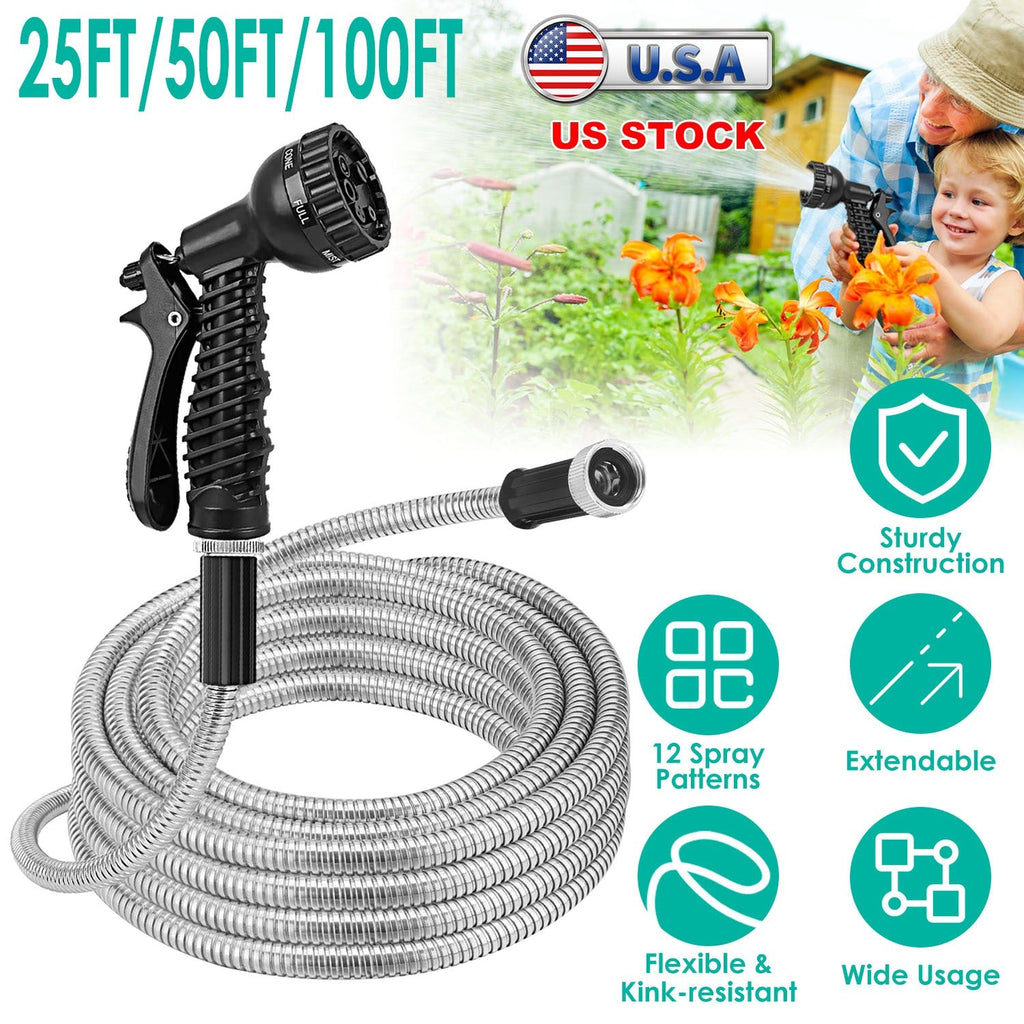Stainless Steel Garden Hose with 7-Pattern Nozzle