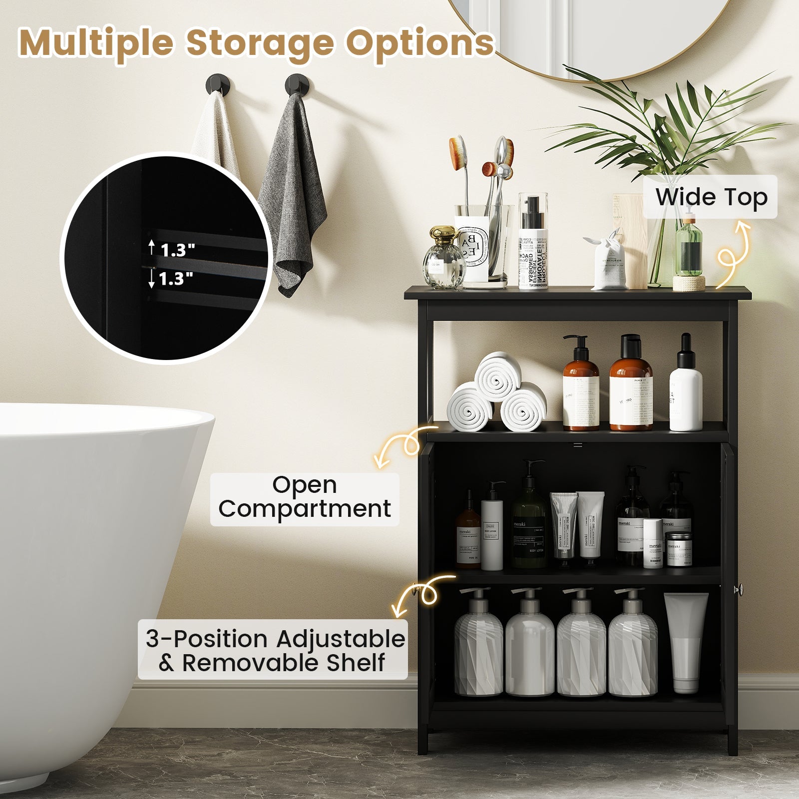 Bathroom Floor Cabinet Freestanding Storage Organizer with Open Compartment