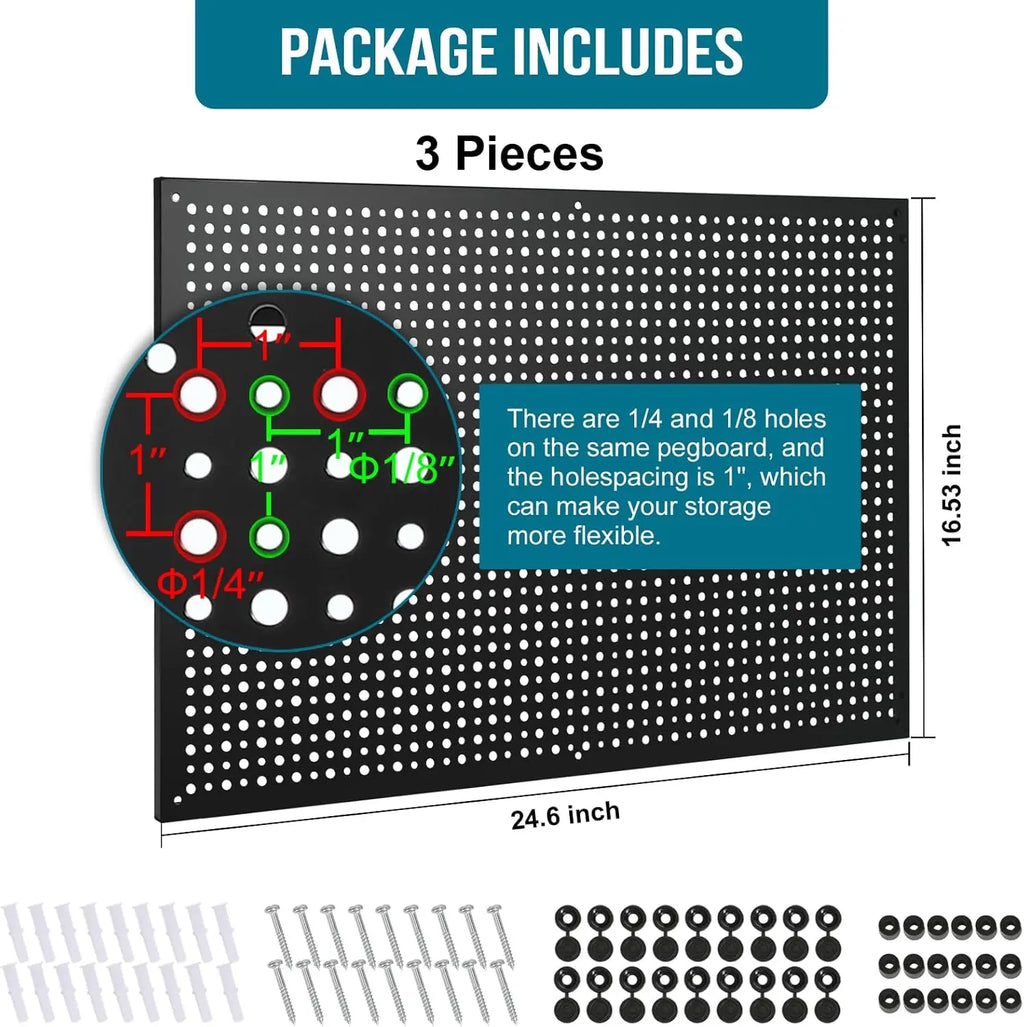 3 Pack 16"x24" Metal Peg Board for Garage/Home Storage