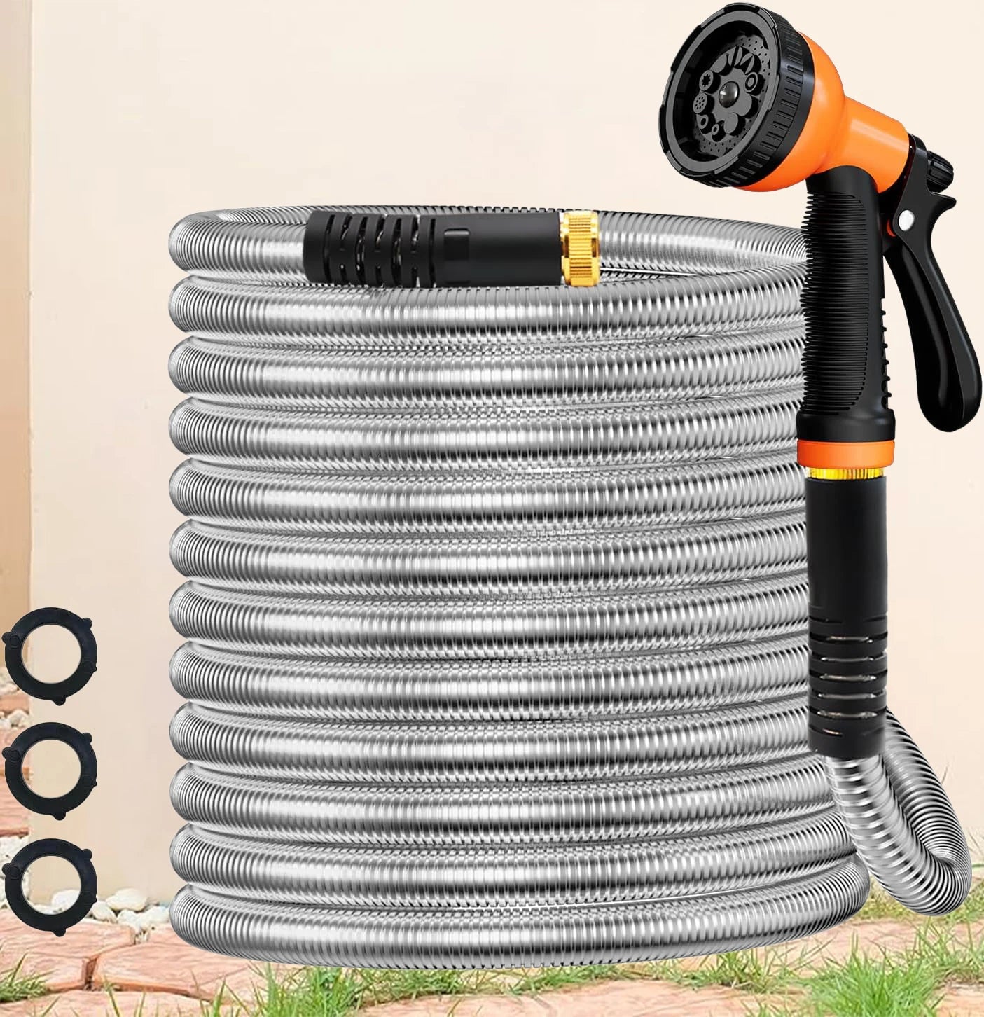 Stainless Steel Garden Hose with 10 Function Spray Nozzle