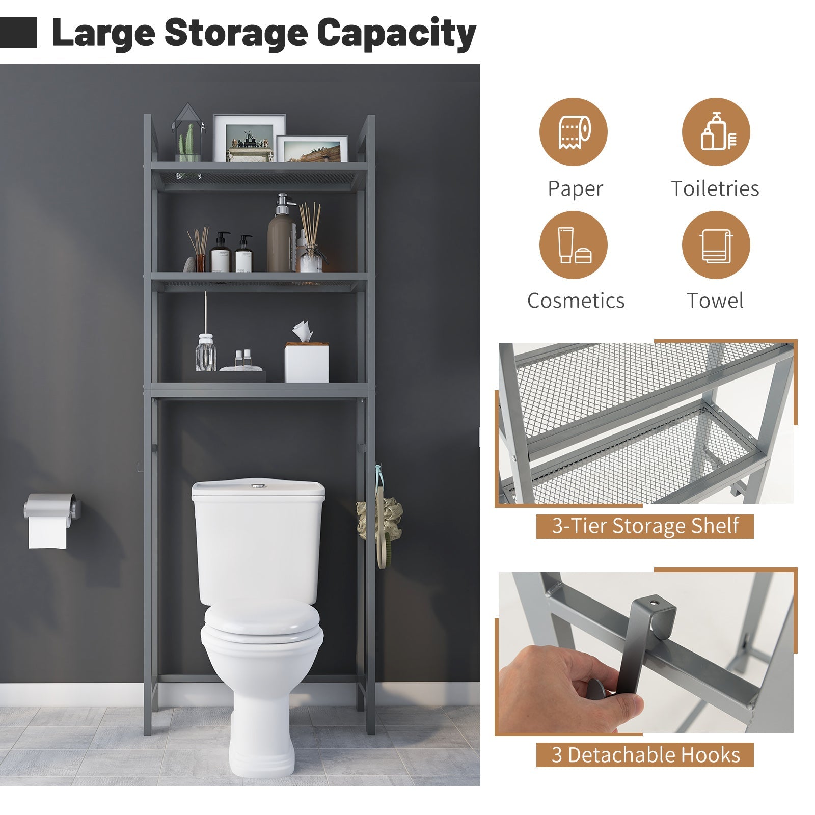 Over-The-Toilet Storage Shelf Space Saving Metal Bathroom Organizer Hooks