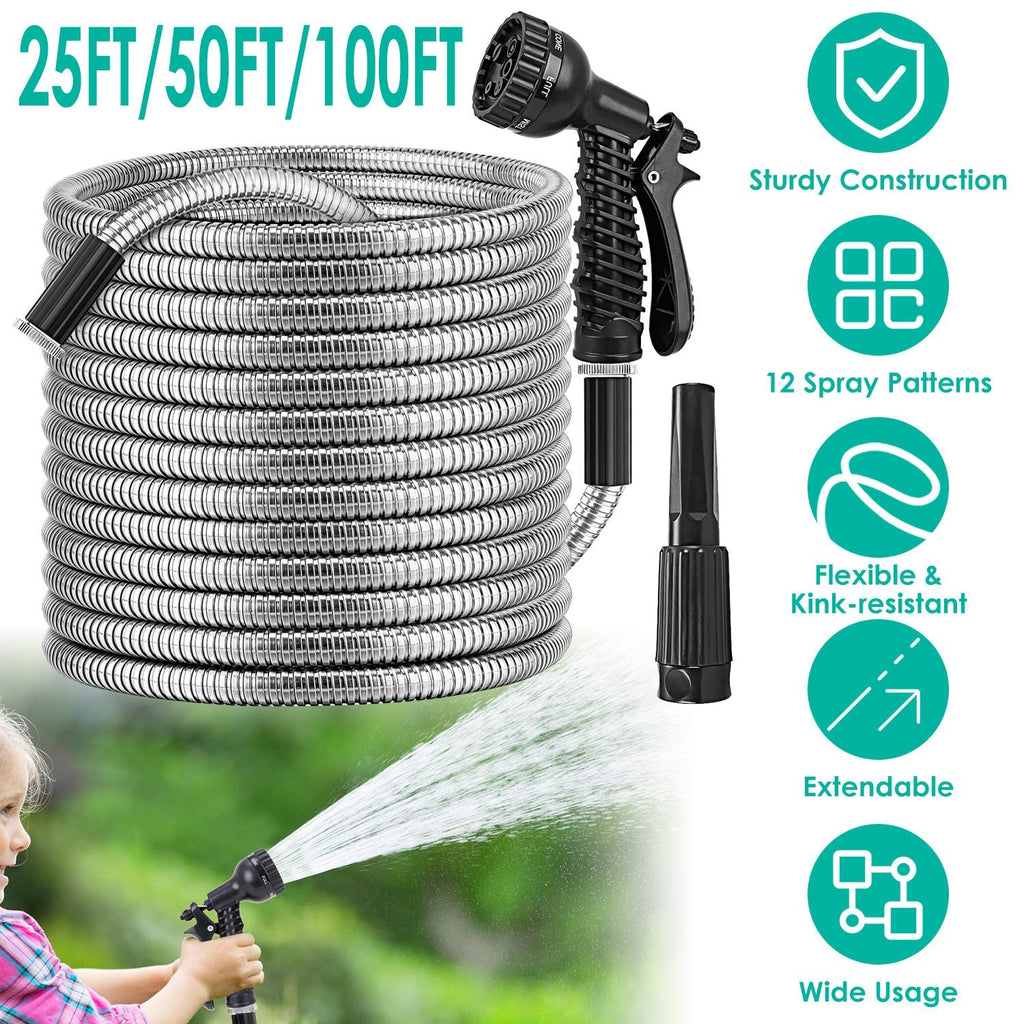 Stainless Steel Garden Hose with 7-Pattern Nozzle