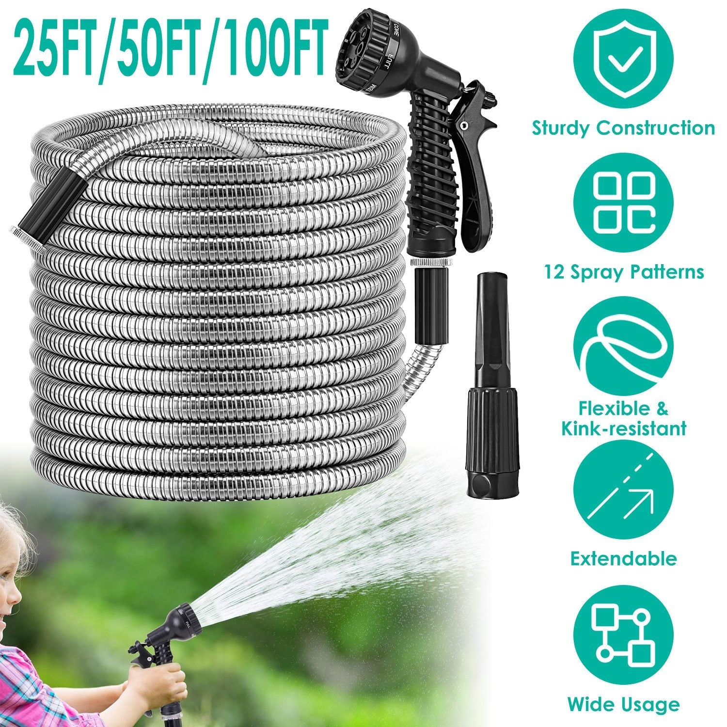 Stainless Steel Garden Hose with 7-Pattern Nozzle