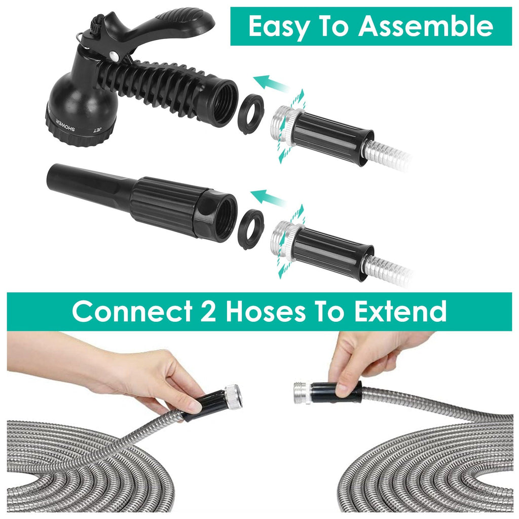 Stainless Steel Garden Hose with 7-Pattern Nozzle