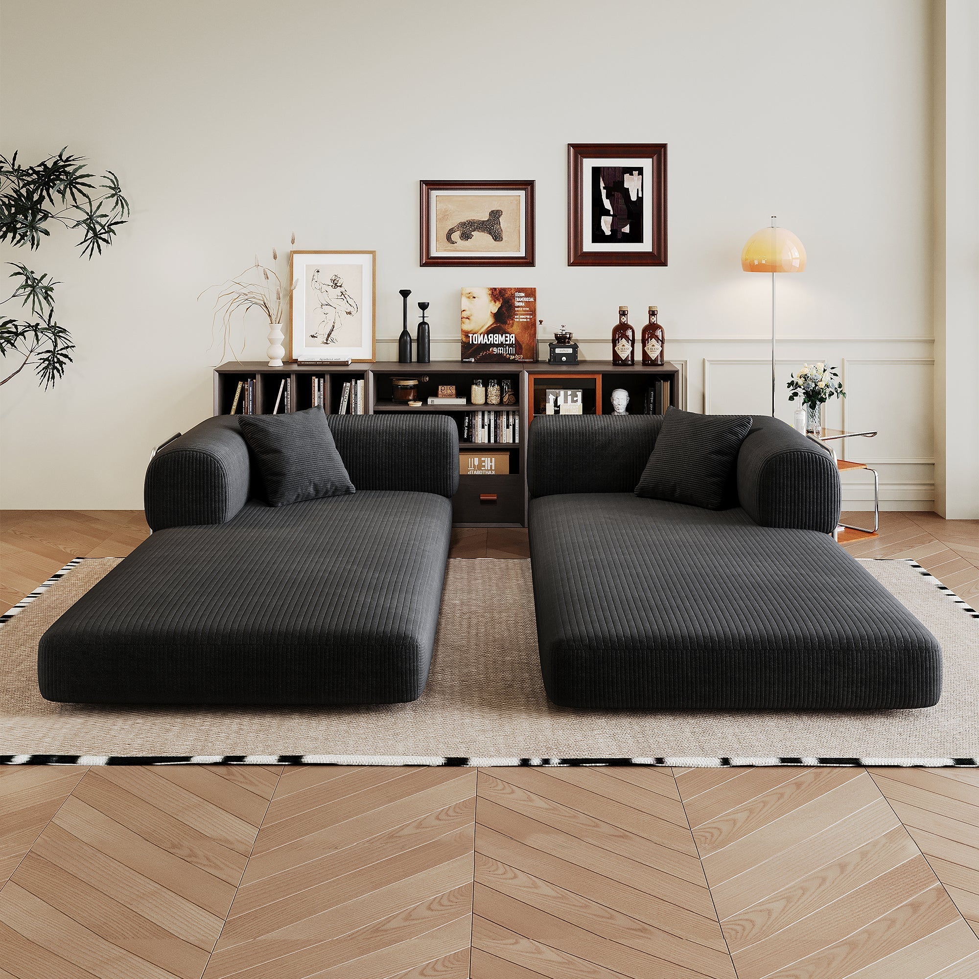 78.8' Compression Sofa,Convertible Floor Sofa Bed-with Pillow Back Support Armrest,Comfy Futon Couch Sleeper Bed,Loveseats Boneless Modular Sectional Sofa,Corduroy fabric,for Living Room,Bedroom,Black