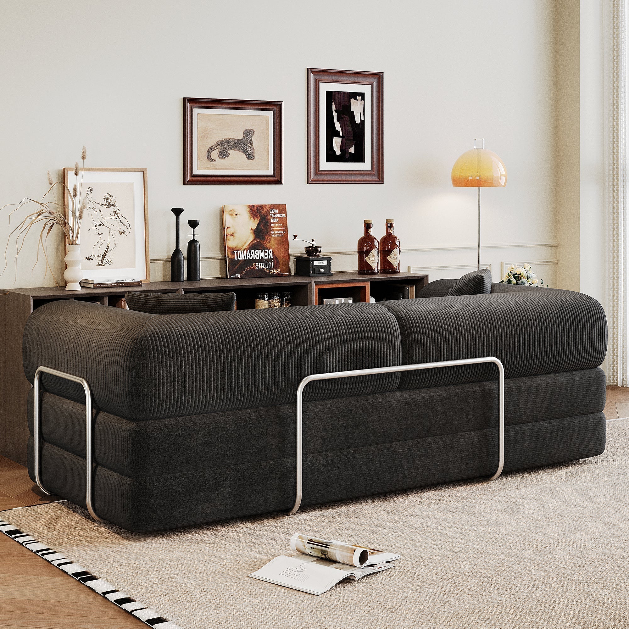 78.8' Compression Sofa,Convertible Floor Sofa Bed-with Pillow Back Support Armrest,Comfy Futon Couch Sleeper Bed,Loveseats Boneless Modular Sectional Sofa,Corduroy fabric,for Living Room,Bedroom,Black